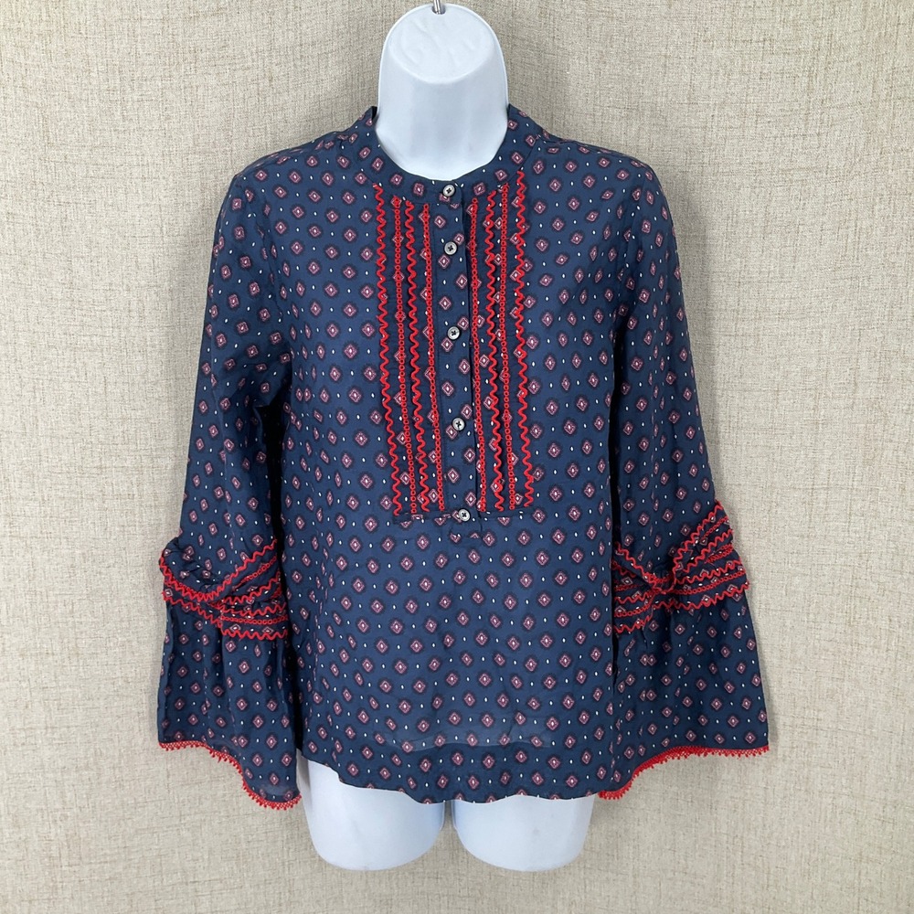 J.Crew Blouse Womens 2 Navy Cotton Silk Medallion Embroidered Boho Bell Sleeve